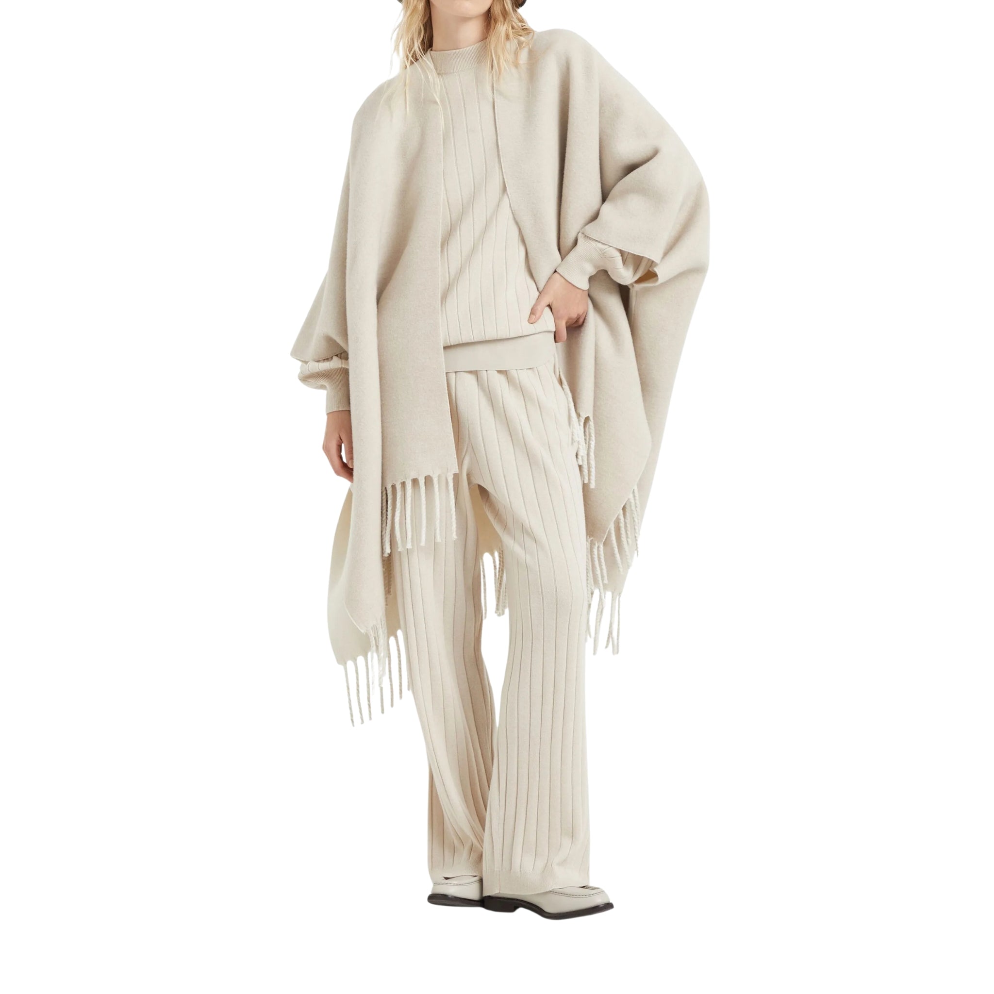 Brunello Cucinelli fringed-edge double knit cape