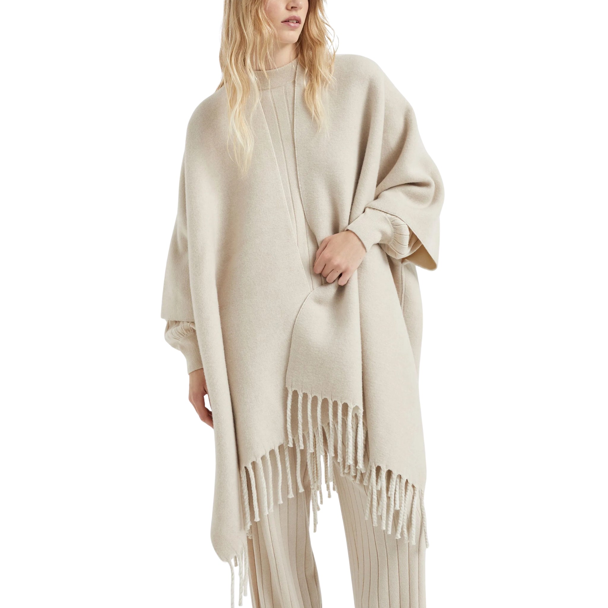 Brunello Cucinelli fringed-edge double knit cape