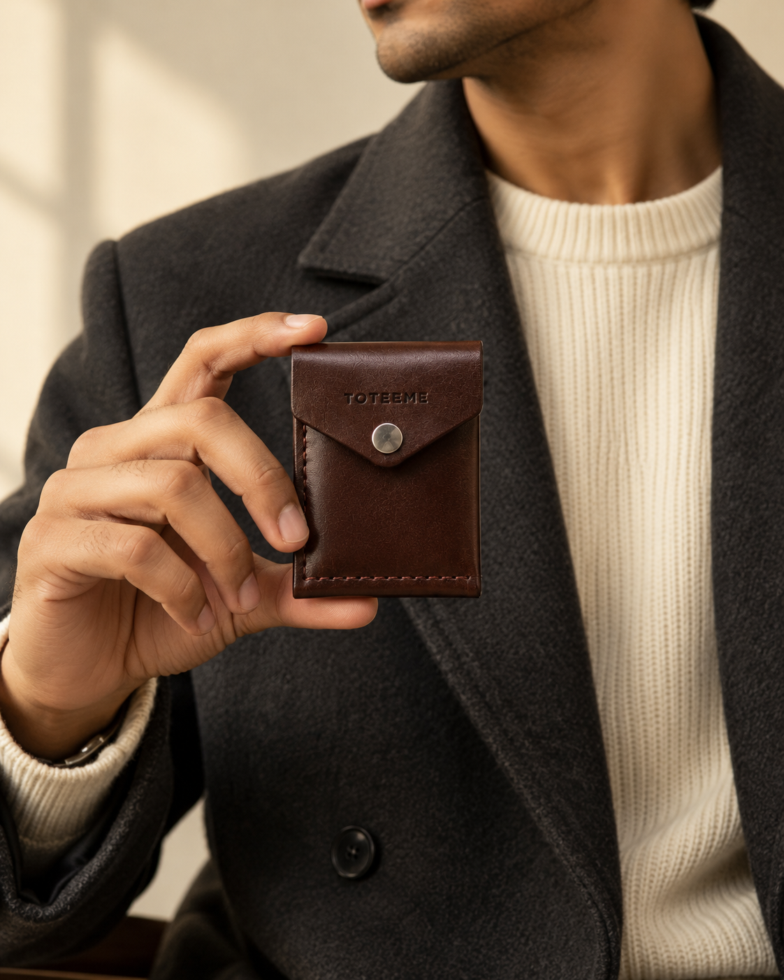 Model holding the TOTEEME Toby 001 dark chocolate-brown leather card holder