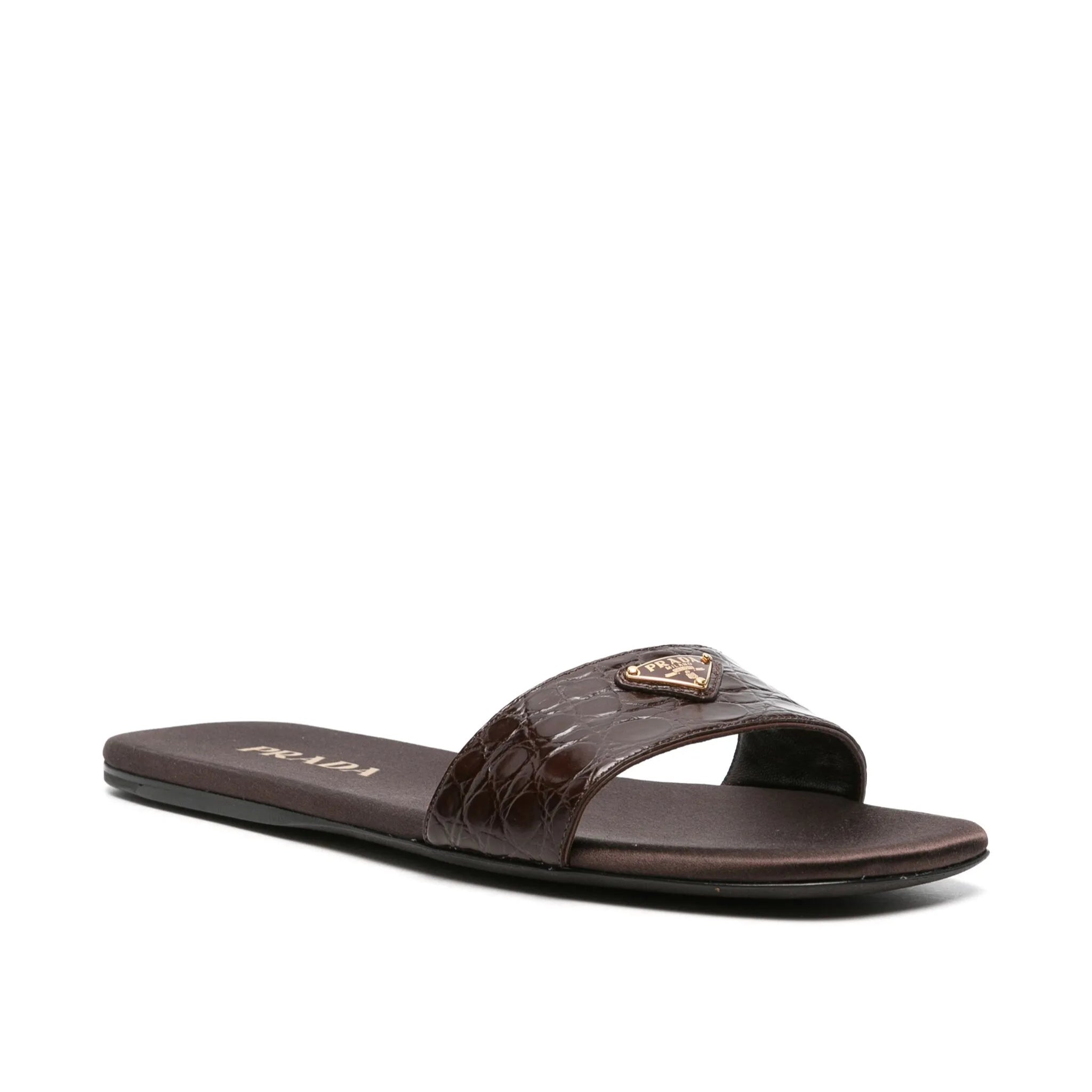 Prada triangle-logo embossed-crocodile slides