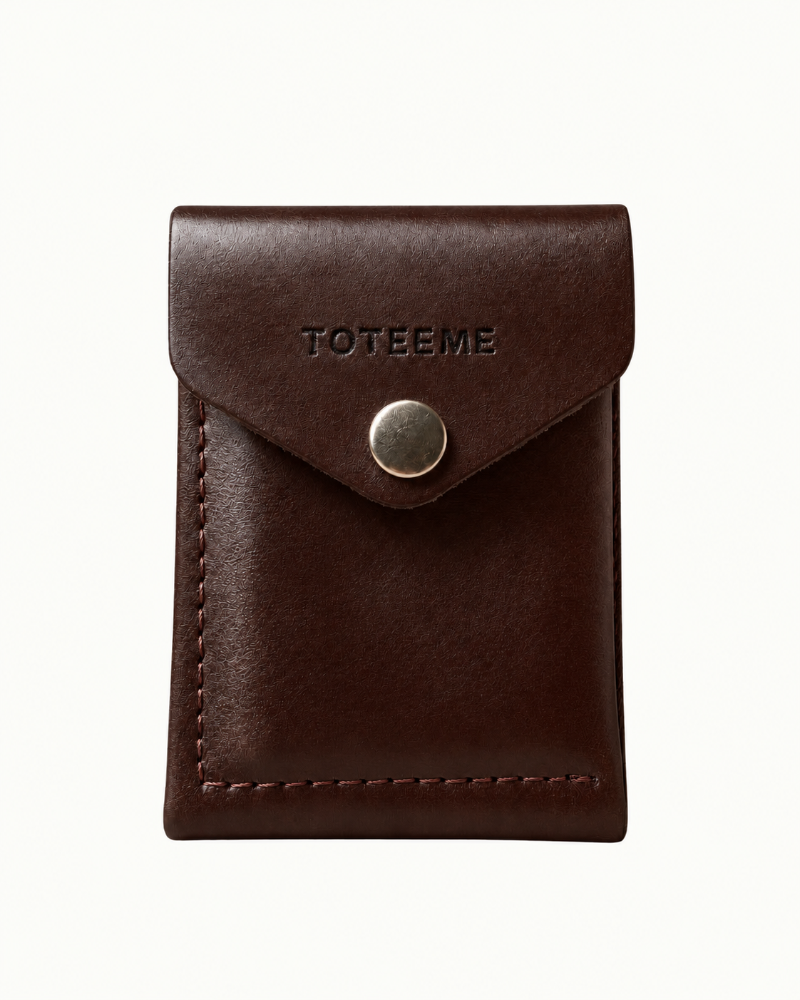 TOTEEME Toby 001 handcrafted dark chocolate-brown leather card holder, front view with embossed logo and silver snap